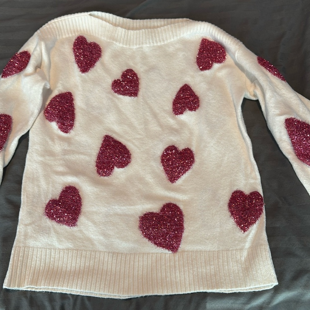Loft white sweater with pink hearts